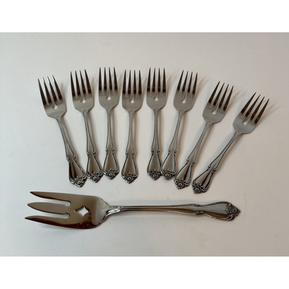 Lot Of 8 Oneida USA Salad Froks And 1 Oneida Meat Fork. Stainless Steel Cutlery.